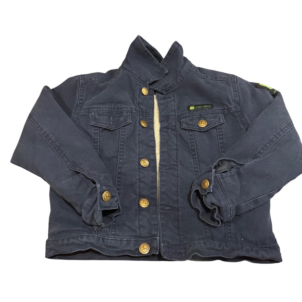 John Deere Kids Navy Blue Canvas Sherpa Lined Work Jacket XS 4-5 Western Ranch